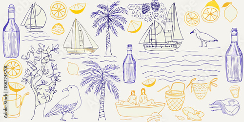 A whimsical summer scene with sailboats lemons and tropical elements