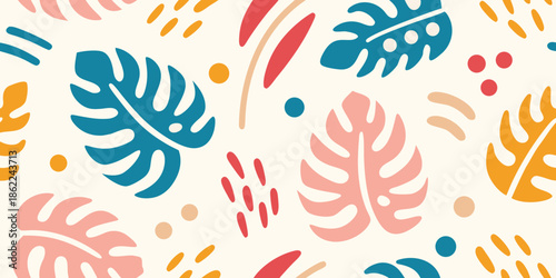 A vibrant seamless pattern featuring stylized tropical leaves and abstract shapes