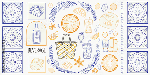 A colorful illustration of citrus fruits drinks and summer accessories