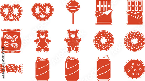 set of different kinds of fast food vector in red colour 