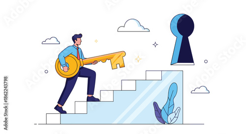 Determined businessman carrying a large golden key up a set of stairs toward a keyhole to unlock his business potential.