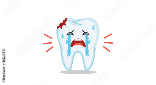 Sad cartoon tooth character crying with a large cavity and red marks to represent dental pain and health problems.