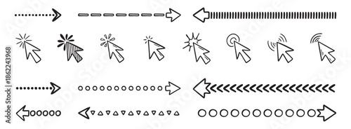 Doodle click icon and hand drawn arrows set. Doodle line mouse cursor.