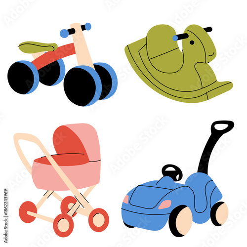 Kids transport toys set including balance bike, rocking horse, baby stroller and ride-on car. Cute colorful  design for nursery, parenting and childhood concepts.
