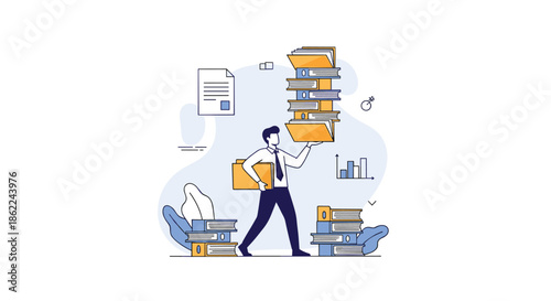 Busy businessman carrying a very tall stack of folders and document binders illustrating a heavy office workload.