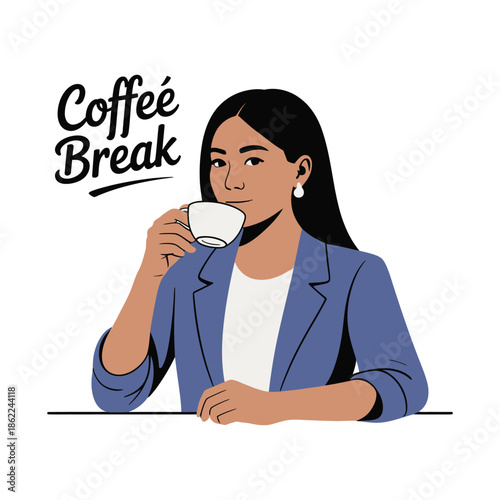 Professional woman enjoys a relaxing coffee break moment now.