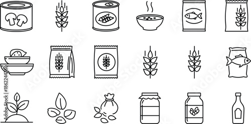 Black and white line of various food and ingredients in cans and packages line food ingredients