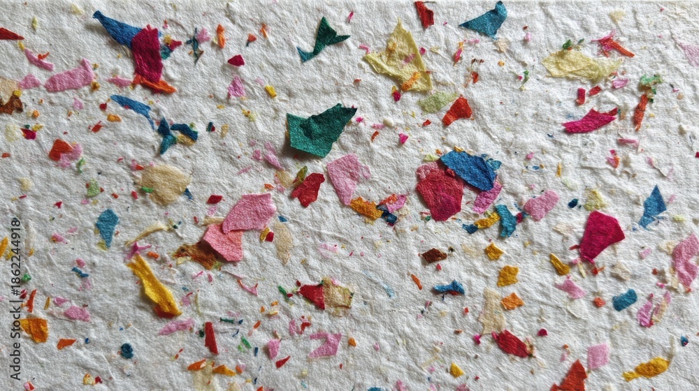 Fototapeta premium This composition showcases colorful bits of paper embedded in a sheet, highlighting various hues and textures. The background is a soft white, enhancing the lively confetti-like design.