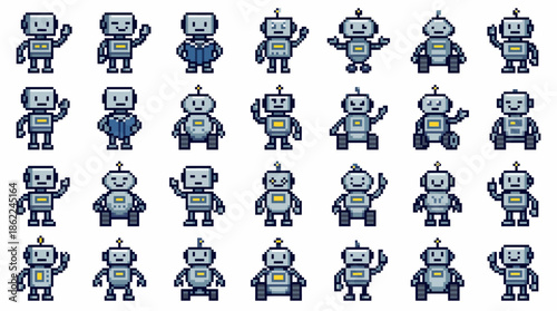 Vector icons Collection of Diverse Cartoon Robots in Various Poses and Styles. Vector Illustration. EPS Editable