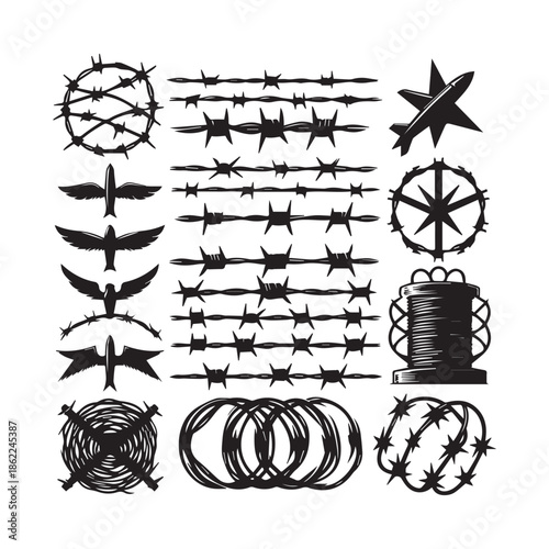 Collection of various barbed wire illustrations and symbols