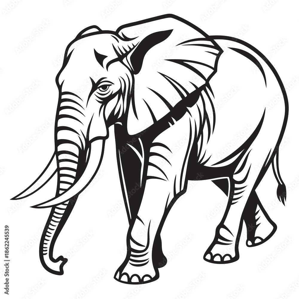 Obraz premium Stylized black and white vector illustration featuring a decorative tribal patterned elephant head design perfect for tattoos or graphic prints