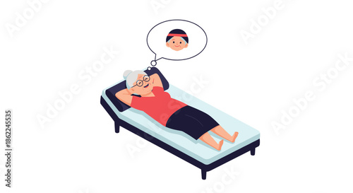 Elderly woman lying on a bed and smiling while dreaming about her younger self in a thought bubble above her.