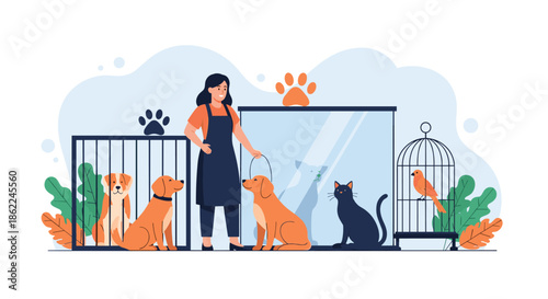 Caring woman working at an animal shelter with dogs in cages, a cat, and a bird in a cage surrounded by leaves.