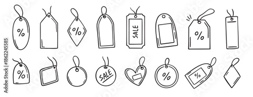 Price tag for sale or gift label doodle hand drawn icon set. Outline drawing price sale tag ribbon, discount label line clipart symbol collection.