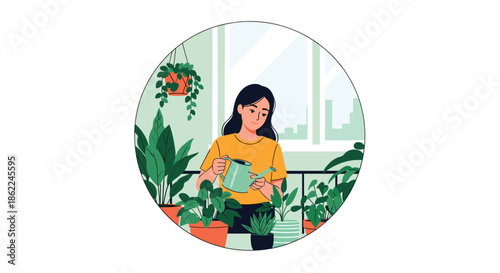 Young woman in a yellow shirt carefully watering various green potted houseplants in a sunny room with a window.