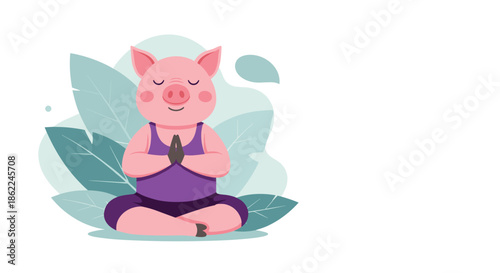 Cute pink pig sitting in a meditative yoga pose with eyes closed and hands joined in front of green leaves for wellness and relaxation themes.