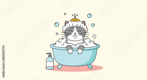 Adorable gray and white cat wearing a yellow shower cap while relaxing in a blue bathtub filled with soap bubbles for pet grooming and care themes.