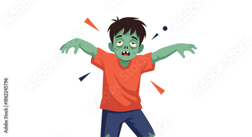 Spooky illustration of a young zombie boy with green skin and messy hair walking with his arms stretched out in a classic undead monster pose.