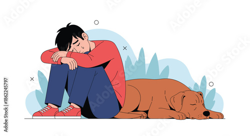 Depressed young boy sitting on the ground with his head down while a loyal brown dog sleeps nearby to provide silent comfort and emotional support.
