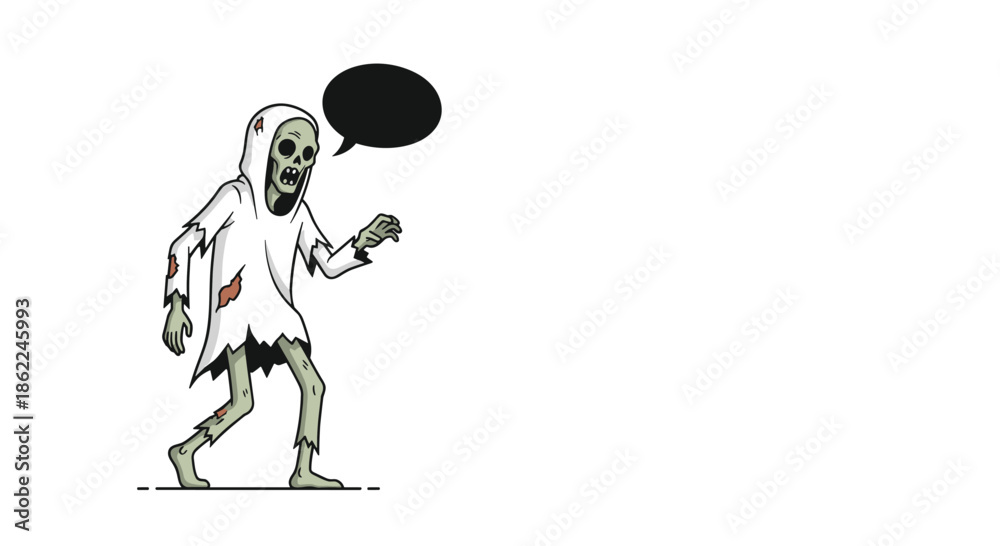 Obraz premium Spooky skeleton ghost character in a tattered white robe stands next to a black speech bubble for custom messages.