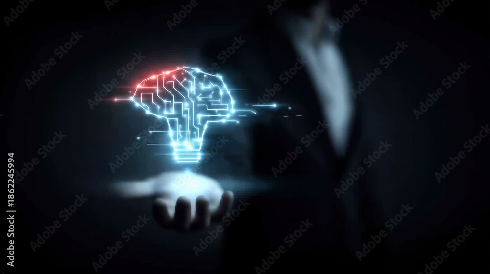 Fototapeta premium Technology innovation scene man holding bright bulb with data driven artificial brain