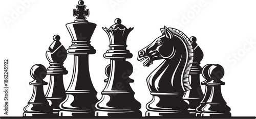 Black Chess Pieces Standing Together Vector Illustration Isolated on White Background