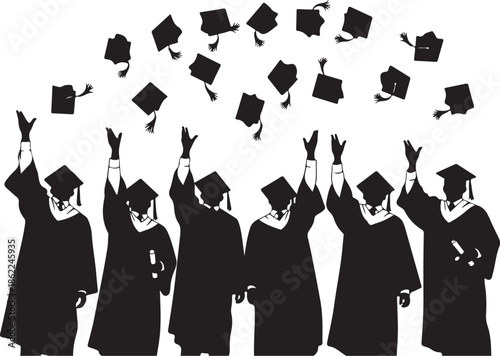 Graduates Throwing Graduation Caps Silhouette Vector Illustration Celebrating Achievement Isolated on White