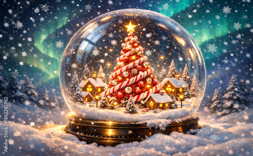 A Christmas tree inside a snow globe, surrounded by swirling snowflakes and illuminated by colorful aurora lights