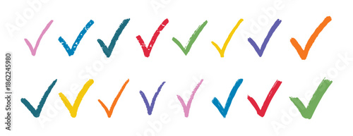 check mark pastel textured doodle hand drawn checkmarks element colorful doodle hand drawn icon set. Check mark line clipart symbol bright colors.
