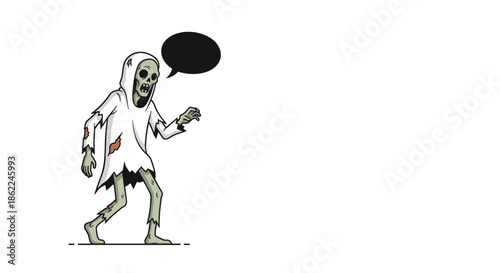 Spooky skeleton ghost character in a tattered white robe stands next to a black speech bubble for custom messages.