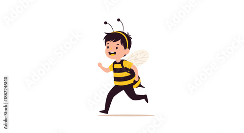 Happy child dressed in a cute yellow and black striped honeybee costume runs joyfully during a school play or party.