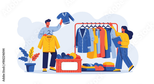 Group of people organizing and sorting through a variety of colorful clothes on a rack and in boxes for a move.