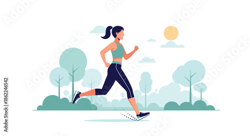 Active young woman running through a lush green park with trees and a bright sun in the sky as part of her morning workout.