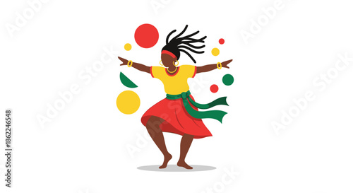 Joyful African woman dressed in traditional colorful clothes dancing with abstract shapes and patterns in the background.