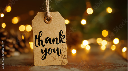 Craft paper gift tag displaying 'thank you' in script, placed on a wooden surface with warm golden bokeh lights, symbolizing appreciation, gratitude, and holiday celebration.
