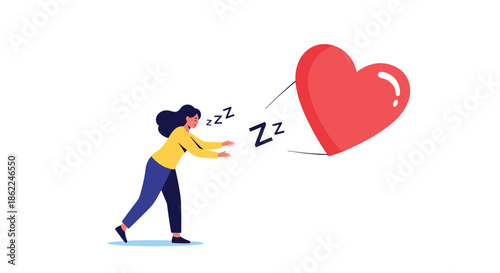 Sleepy young woman sleepwalking towards a giant floating red heart with Zzz symbols representing her dreams and desire for love.