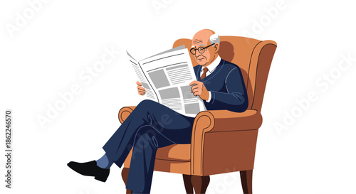 Elderly man wearing glasses sitting in a comfortable armchair and reading a newspaper intently in a peaceful home setting.