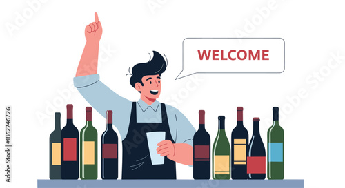 Cheerful bartender at a bar counter with many wine bottles raising his finger and saying welcome to incoming customers.