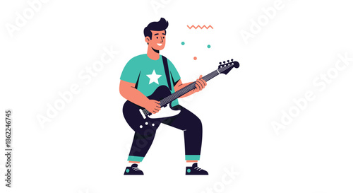 Young man with a cool hairstyle playing an electric guitar and performing as a rock musician with high energy and passion.