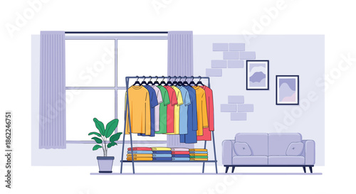 Modern interior of a clothing store with colorful shirts on a rack and a comfortable sofa in a bright and clean room.