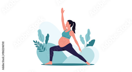 Pregnant woman practicing yoga in a warrior pose outdoors in nature for her health and wellness during her pregnancy journey.