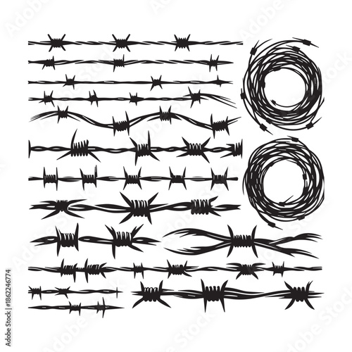 Collection of various barbed wire illustrations and symbols