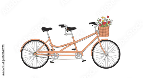 Classic tandem bicycle with two seats and a wicker basket full of beautiful colorful flowers on the front handle bars.