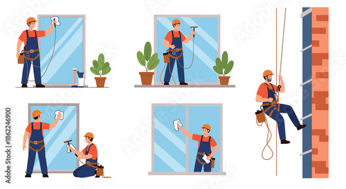 Group of professional window cleaners working on glass buildings using safety harnesses and tools at various heights.