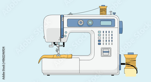 Modern white electric sewing machine with yellow thread and fabric ready for a professional tailoring or fashion design project.