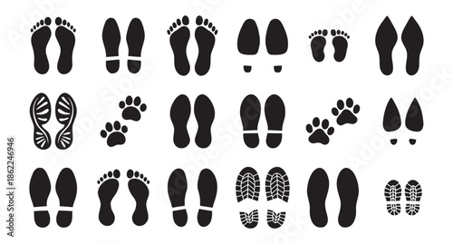 Human bare walk footprints shoes and shoe sole Kids feet vector set. footsteps icon or sign for print, trail Walking footstep and footprint follow route sale