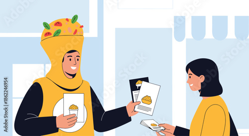 Promotional staff member dressed in a giant taco costume hands out marketing flyers to a woman on a city street near a store front.