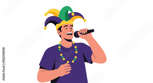 Joyful man wearing a colorful jester hat and purple shirt sings into a microphone while celebrating at a festive carnival or party.