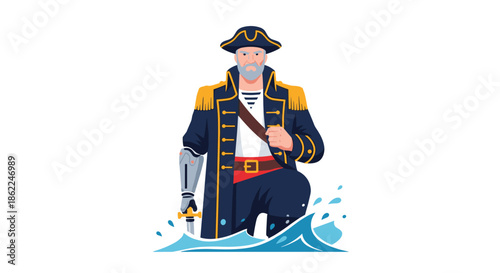 Stern old pirate captain with a grey beard and tricorn hat wearing a blue coat with gold epaulettes and a prosthetic leg.