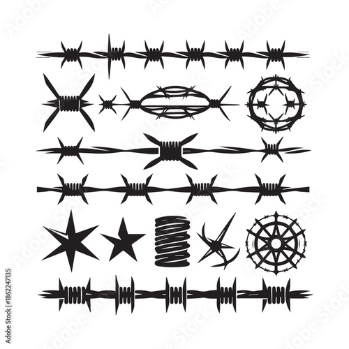 Collection of various barbed wire illustrations and symbols